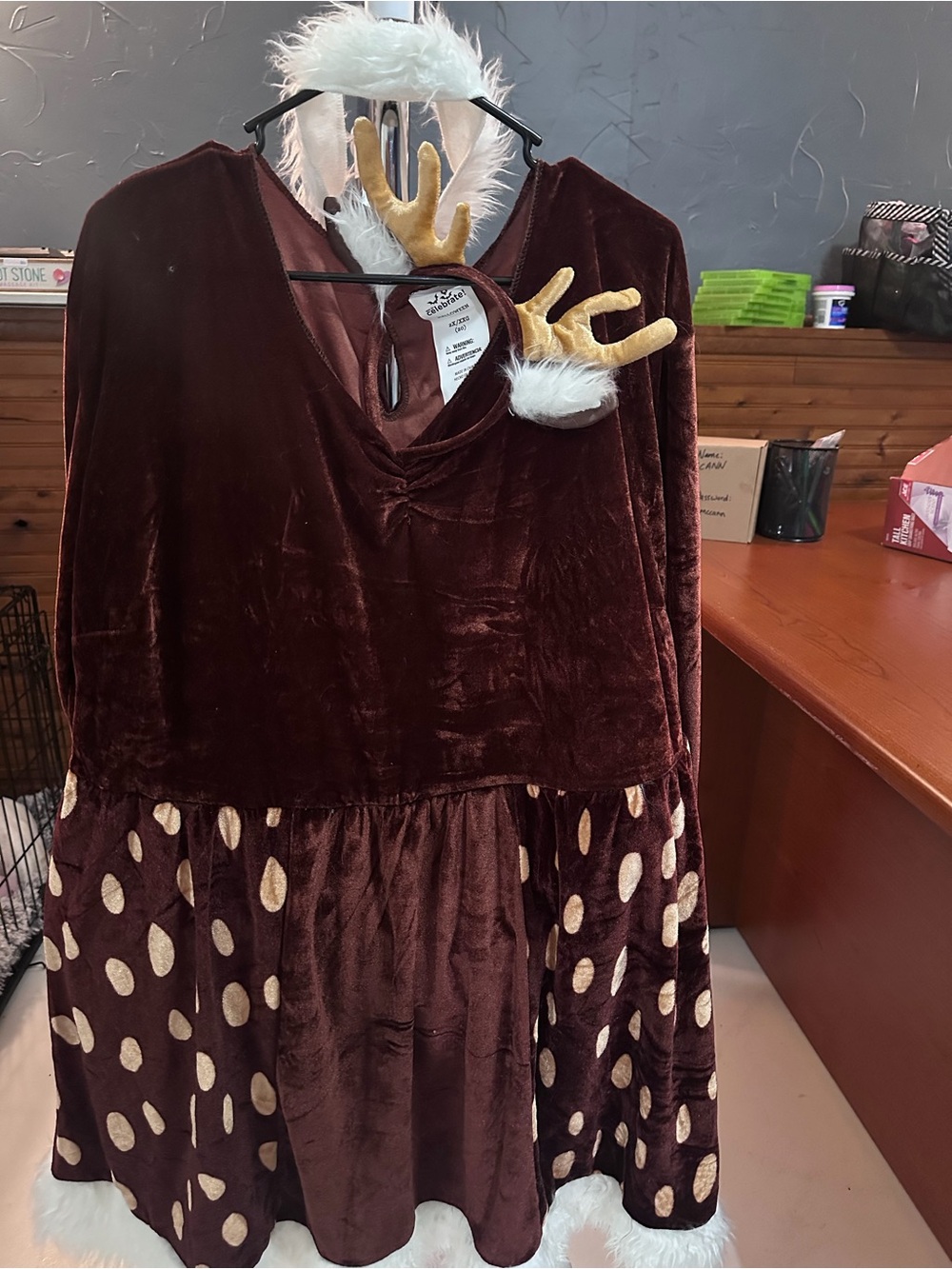 Plus size Velvet Reindeer Dress with Antler Headband - Brown